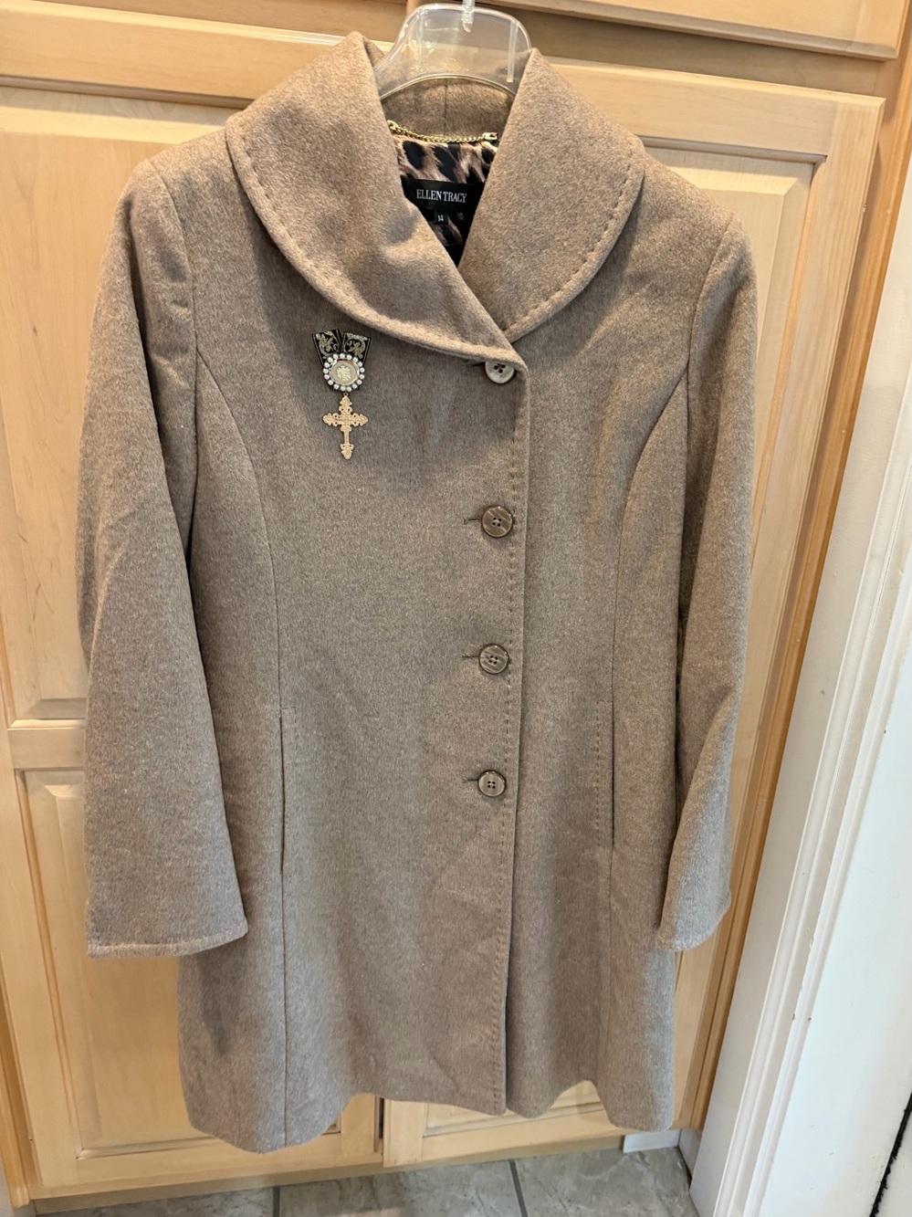 Ellen Tracy Tan Wool Blend Lined Coat Sz. 14